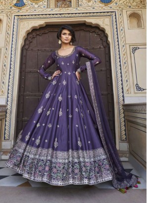 Exquisite Purple Embroidered Silk Anarkali Dress