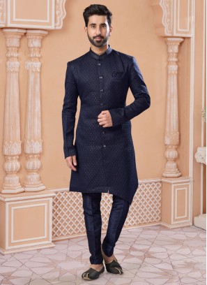 Exquisite Embroidered Dark Navy Blue Stylish Indowestern Set