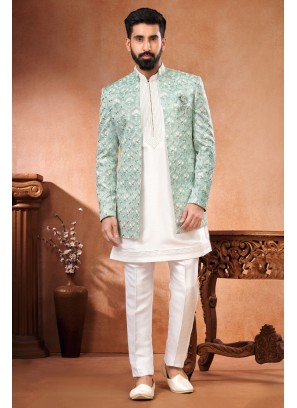 Exquisite Embroidered Light Sea Green Jacket Style Indowestern Set