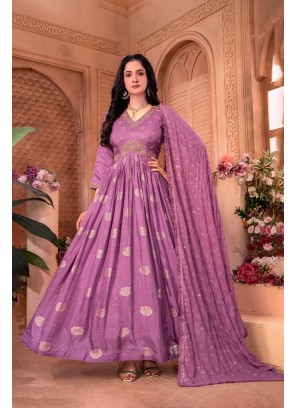 Exquisite Embroidered Lilac Anarkali Suit With Dupatta