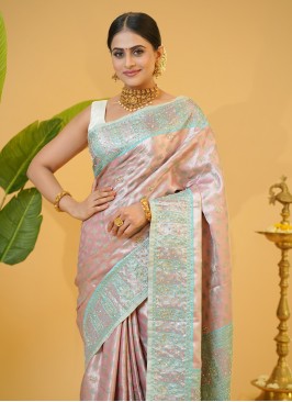 Exquisite Light Pink And Sky Blue Embroidered Kanjivaram Silk Saree