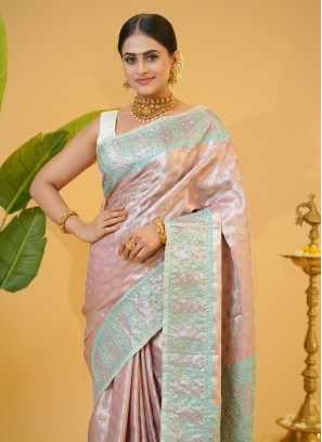 Exquisite Light Pink And Sky Blue Embroidered Kanjivaram Silk Saree