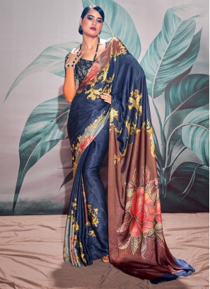 Exquisite Multi Color Floral Printed Satin Saree