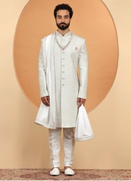Exquisite Off White Art Silk Sherwani Set With Intricate Embroidery