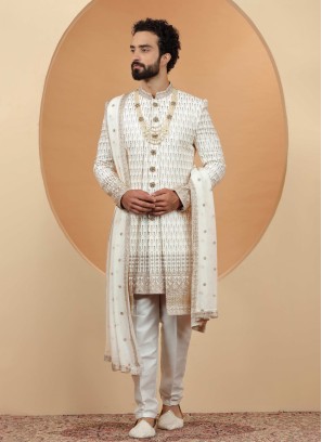 Exquisite Off White Chiffon Silk Embroidered Sherwani Set