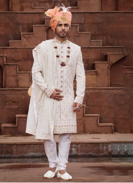Exquisite Off White Georgette Embroidered Sherwani Set