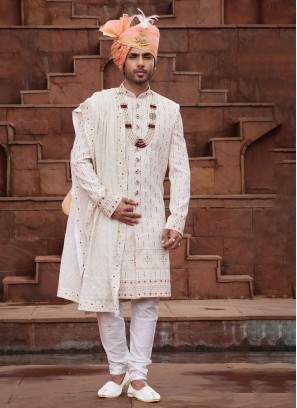Exquisite Off White Georgette Embroidered Sherwani Set