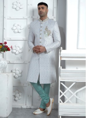 Exquisite Off White Georgette Sherwani Set With Intricate Embroidery