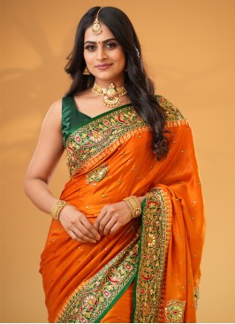 Exquisite Orange And Green Gharchola Gajji Silk Saree