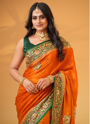 Exquisite Orange And Green Gharchola Gajji Silk Saree