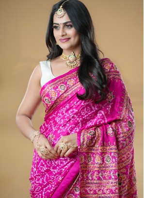 Exquisite Pink Pure Bandhani Gajji Silk Saree
