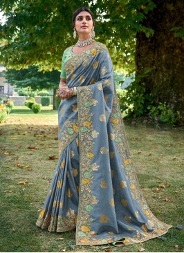 Exquisite Slate Grey Silk Trendy Saree