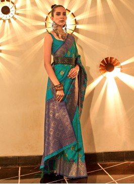 Exquisite Teal Blue Handloom Silk Saree