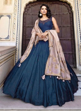 Exquisite Teal Colored Flared Anarkali Dress With Dupatta