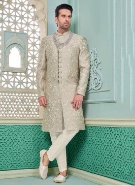 Exquisite Thread Embroidered Light Grey Stylish Indowestern Set