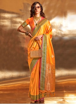 Orange Contemporary Satin Silk Saree