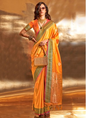 Orange Contemporary Satin Silk Saree