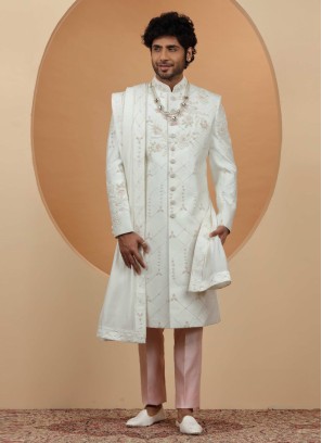 Exquisite White Silk Sherwani Set With Dupatta