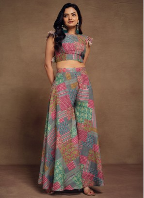 Multi Color Fancy Printed Crop Top And Palazzo Set