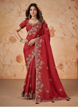 Red Embroidered Silk Classic Saree