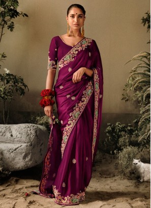 Dark Purple Designer Embroidered Saree