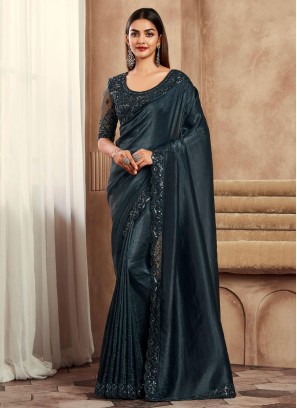 Black Embroidered Lace Work Silk Saree