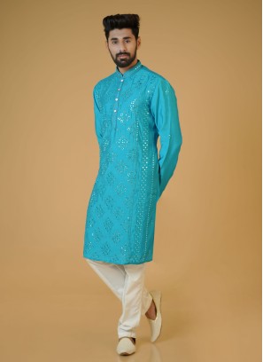 Fancy Firozi Readymade Silk Kurta Pajama Set