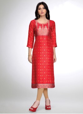 Fancy Printed A-Line Kurti In Red Color