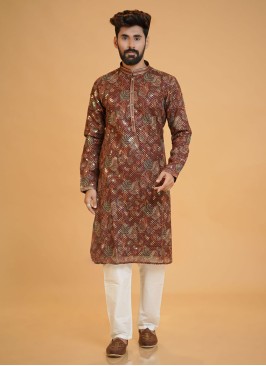 Fancy Printed Brown And White Kurta Pajama