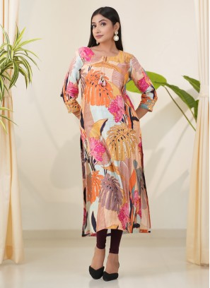 Fancy Printed Gajji Silk Multi Color Kurti