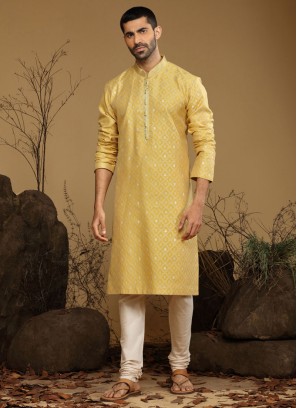 Fancy Printed Lemon Yellow Silk Kurta Pajama For Men