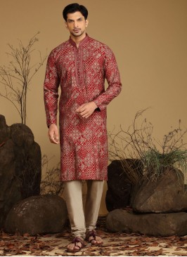 Fancy Printed Maroon Silk Kurta Pajama For Men