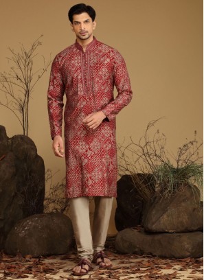 Fancy Printed Maroon Silk Kurta Pajama For Men