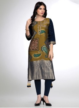 Fancy Printed Muslin Silk Kurti In Olive Green Color