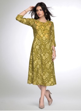 Fancy Printed Muslin Silk Mehndi Green A-Line Kurti