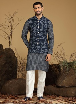 Fancy Printed Navy Blue Nehru Jacket Set