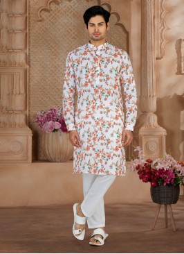 Fancy Printed Off White Kurta Pajama For Men