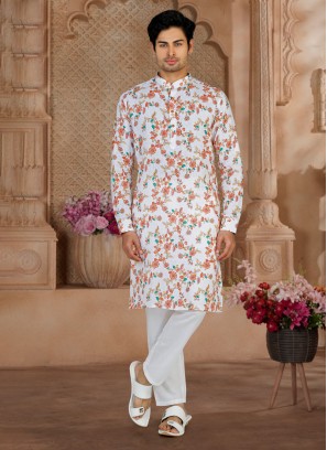 Fancy Printed Off White Kurta Pajama For Men