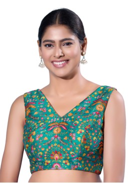 Fancy Printed Readymade Blouse In Peacock Green