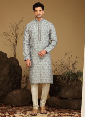 Fancy Printed Silk Readymade Kurta Pajama For Men