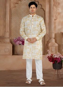 Fancy Printed Yellow And Off White Kurta Pajama