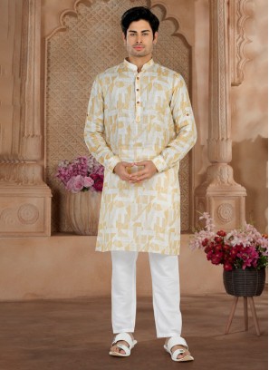 Fancy Printed Yellow And Off White Kurta Pajama