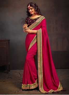 Deep Pink Color Wedding Wear Artificial Silk Classic Saree