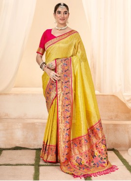 Yellow Weaving Embroidered Handloom Silk Paithani Saree