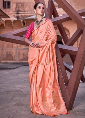 Peach Satin Silk Saree With Weaving Work