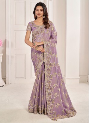Festive Lavender Zari Embellished Designer Saree