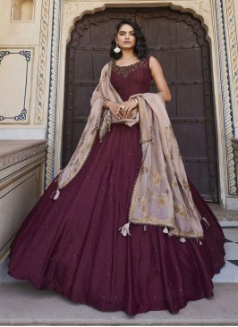 Wine Color Flared Silk Anarkali Dress With Organza Dupatta
