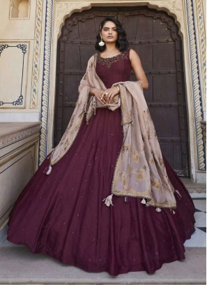 Wine Color Flared Silk Anarkali Dress With Organza Dupatta