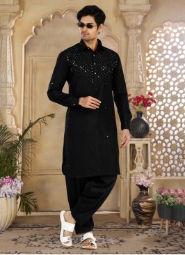 Festive Wear Black Mirror Embroidered Pathani Kurta Pajama