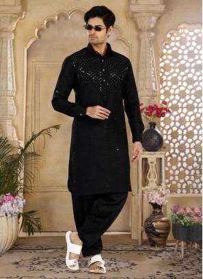 Festive Wear Black Mirror Embroidered Pathani Kurta Pajama